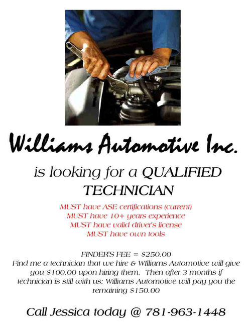 Hiring Banner | Williams Automotive